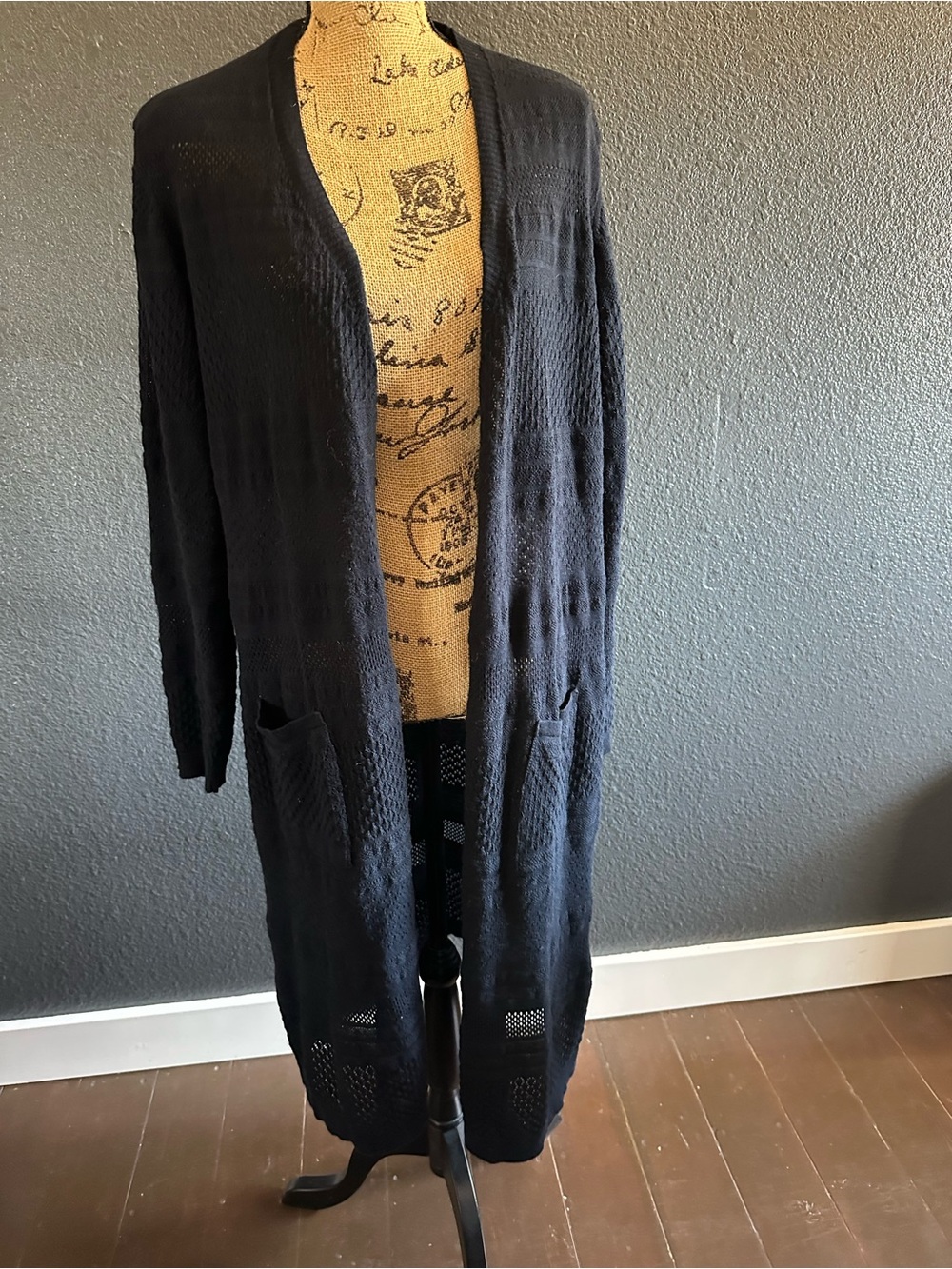 Long Tall Sally XL Navy Blue Long Duster Cardigan Open Knit Pockets Tall